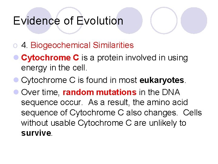 Evidence of Evolution o 4. Biogeochemical Similarities l Cytochrome C is a protein involved