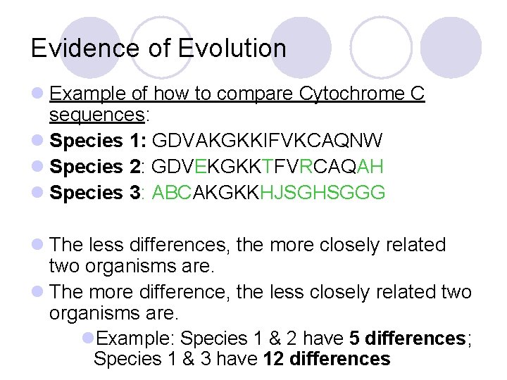 Evidence of Evolution l Example of how to compare Cytochrome C sequences: l Species