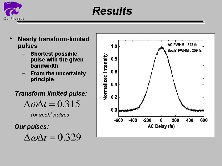 Results • Nearly transform-limited pulses – Shortest possible pulse with the given bandwidth –
