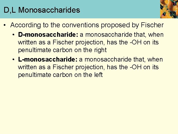 D, L Monosaccharides • According to the conventions proposed by Fischer • D-monosaccharide: a