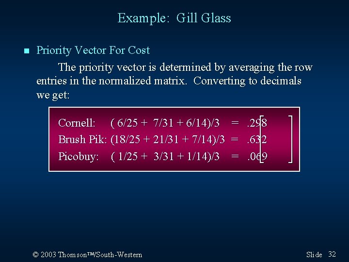 Example: Gill Glass n Priority Vector For Cost The priority vector is determined by