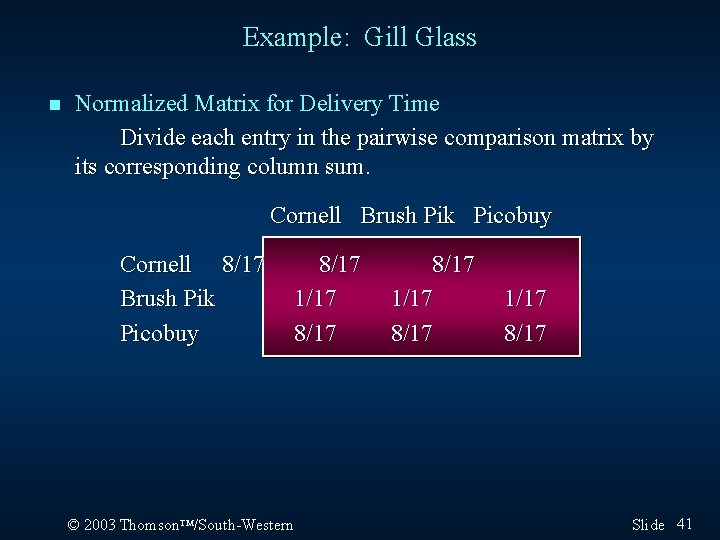 Example: Gill Glass n Normalized Matrix for Delivery Time Divide each entry in the