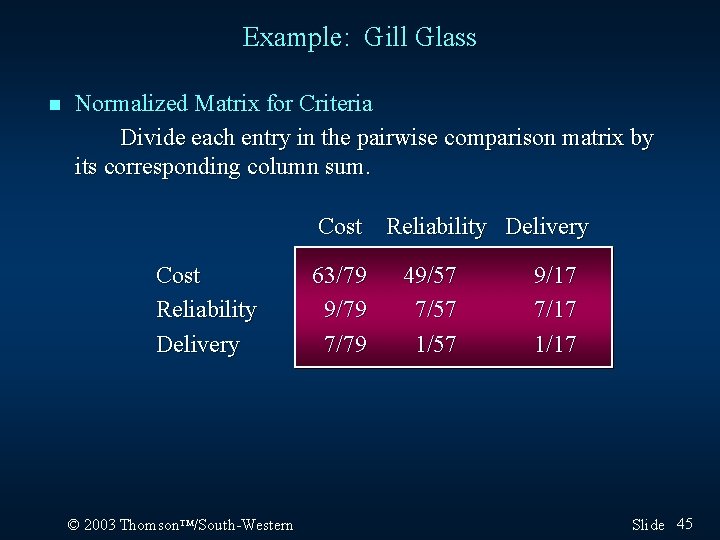 Example: Gill Glass n Normalized Matrix for Criteria Divide each entry in the pairwise