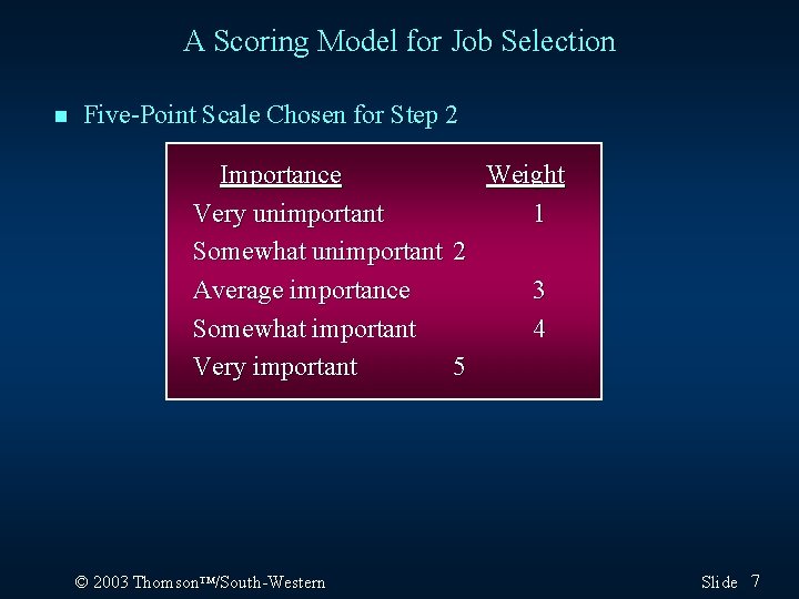 A Scoring Model for Job Selection n Five-Point Scale Chosen for Step 2 Importance