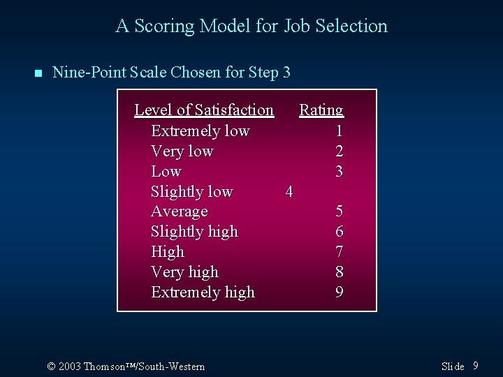 A Scoring Model for Job Selection n Nine-Point Scale Chosen for Step 3 Level