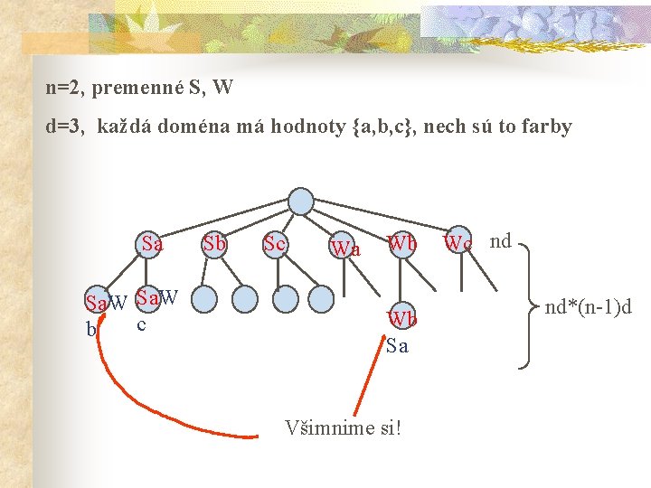 n=2, premenné S, W d=3, každá doména má hodnoty {a, b, c}, nech sú