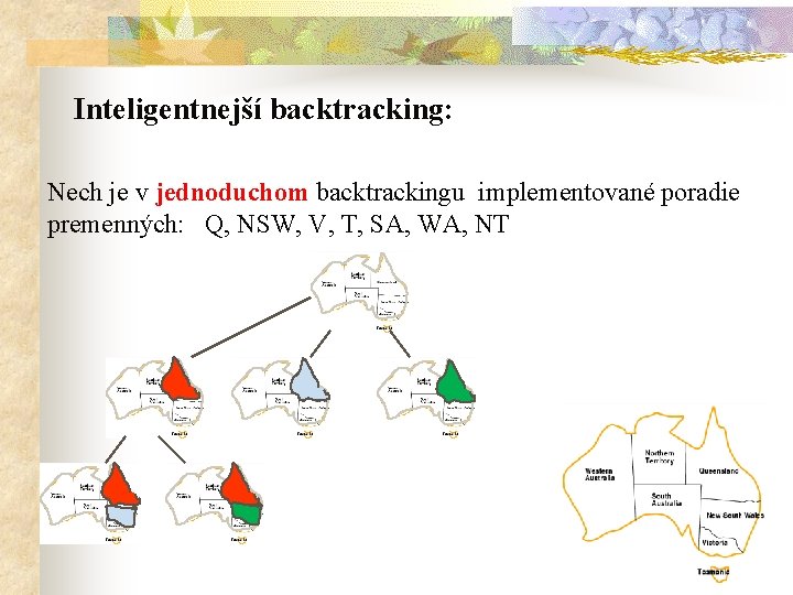 Inteligentnejší backtracking: Nech je v jednoduchom backtrackingu implementované poradie premenných: Q, NSW, V, T,