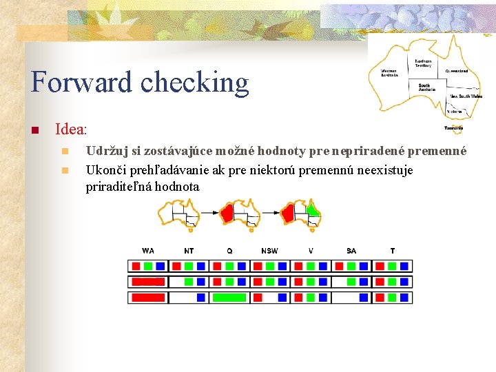 Forward checking n Idea: n n Udržuj si zostávajúce možné hodnoty pre nepriradené premenné