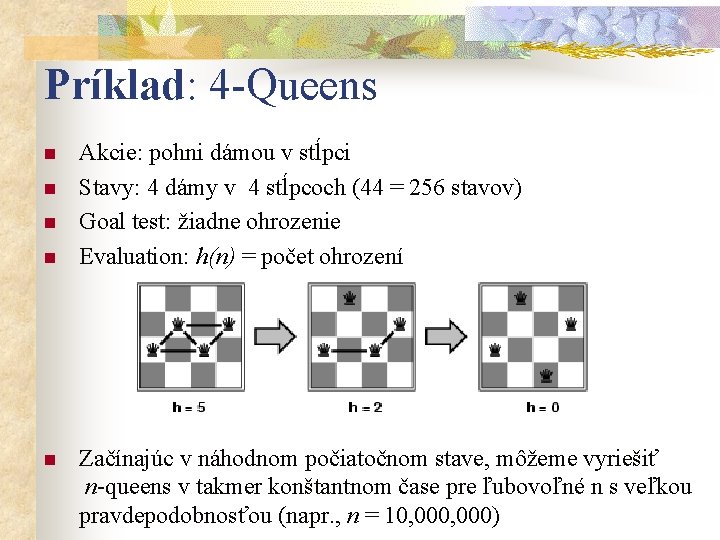 Príklad: 4 -Queens n n n Akcie: pohni dámou v stĺpci Stavy: 4 dámy