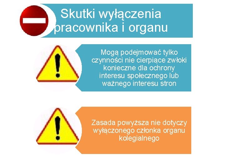 Skutki wyłączenia pracownika i organu Mogą podejmować tylko czynności nie cierpiące zwłoki konieczne dla