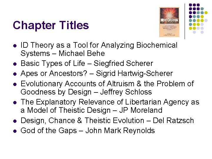 Chapter Titles l l l l ID Theory as a Tool for Analyzing Biochemical