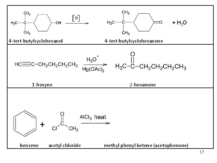 + H 2 O 4 -tert-butylcyclohexanol 1 -hexyne benzene acetyl chloride 4 -tert-butylcyclohexanone 2