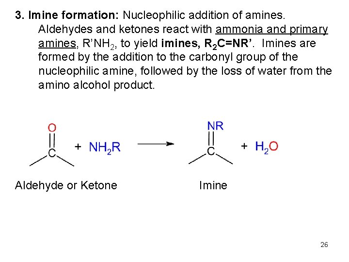 3. Imine formation: Nucleophilic addition of amines. Aldehydes and ketones react with ammonia and