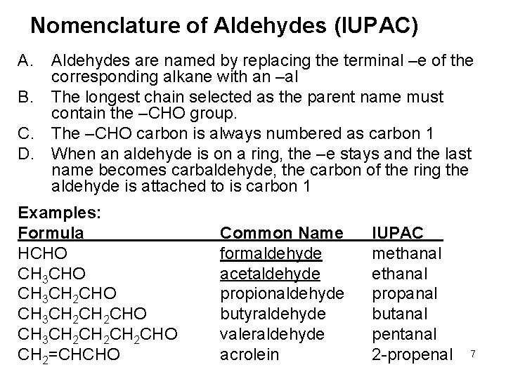 Nomenclature of Aldehydes (IUPAC) A. Aldehydes are named by replacing the terminal –e of