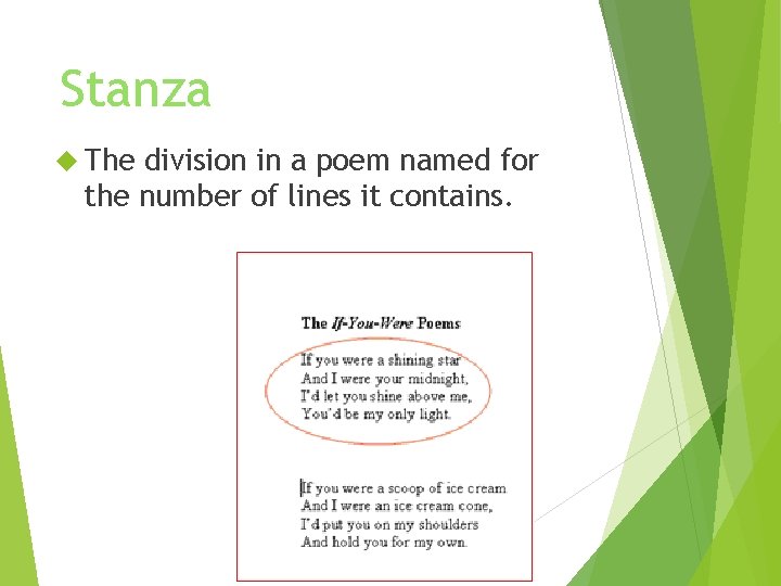 Stanza The division in a poem named for the number of lines it contains.