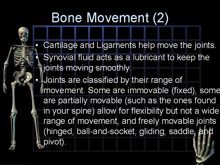 Bone Movement (2) • Cartilage and Ligaments help move the joints. • Synovial fluid
