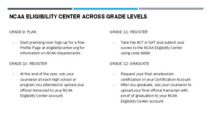 NCAA ELIGIBILITY CENTER ACROSS GRADE LEVELS GRADE 9: PLAN - Start planning now! Sign