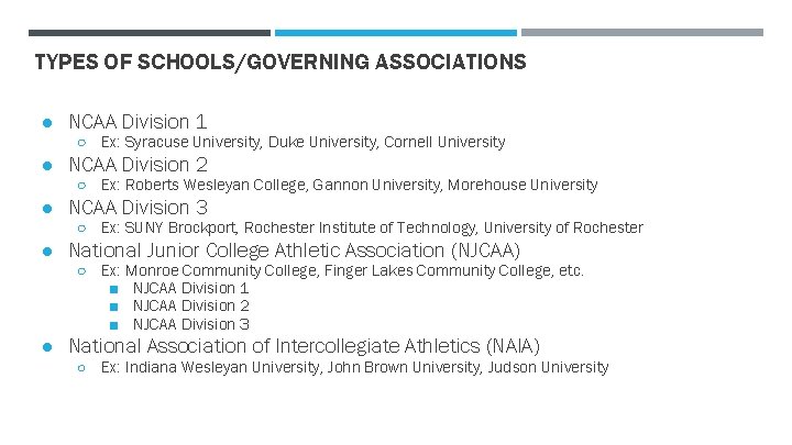 TYPES OF SCHOOLS/GOVERNING ASSOCIATIONS ● NCAA Division 1 ○ Ex: Syracuse University, Duke University,