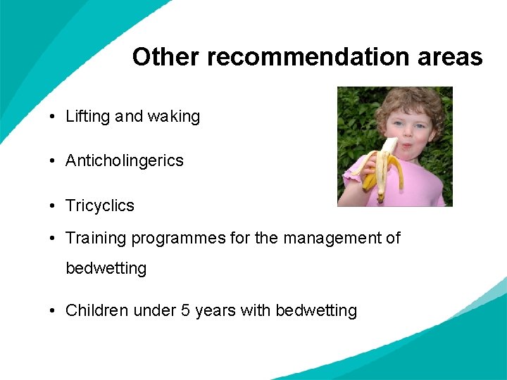 Other recommendation areas • Lifting and waking • Anticholingerics • Tricyclics • Training programmes