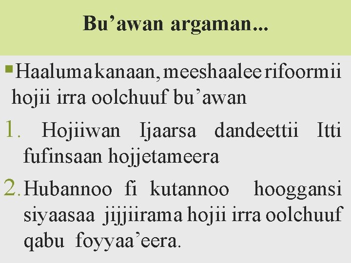 Bu’awan argaman. . . §Haaluma kanaan, meeshaalee rifoormii hojii irra oolchuuf bu’awan 1. Hojiiwan