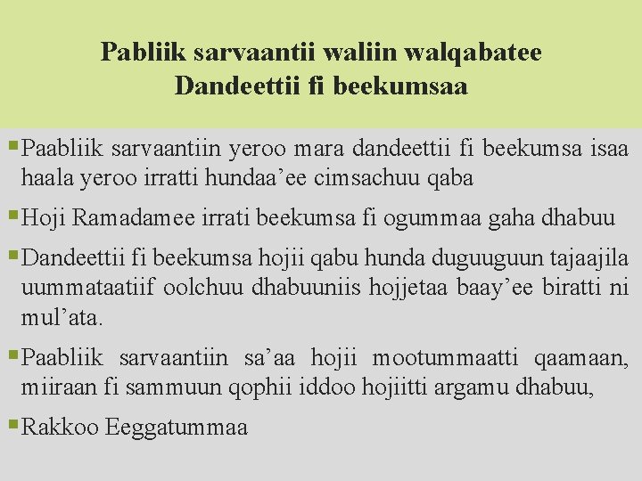 Pabliik sarvaantii waliin walqabatee Dandeettii fi beekumsaa § Paabliik sarvaantiin yeroo mara dandeettii fi