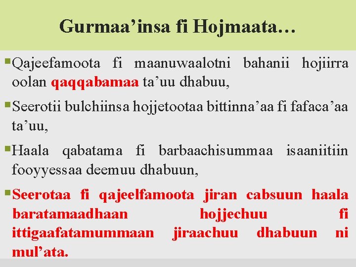 Gurmaa’insa fi Hojmaata… §Qajeefamoota fi maanuwaalotni bahanii hojiirra oolan qaqqabamaa ta’uu dhabuu, §Seerotii bulchiinsa