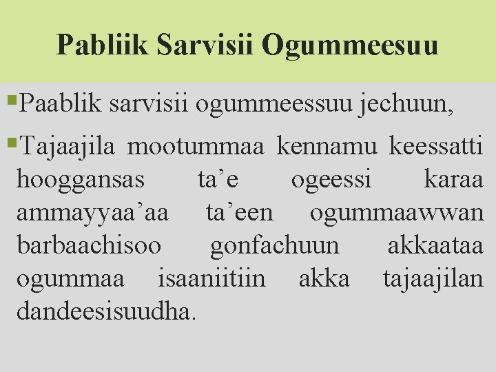 Pabliik Sarvisii Ogummeesuu §Paablik sarvisii ogummeessuu jechuun, §Tajaajila mootummaa kennamu keessatti hooggansas ta’e ogeessi