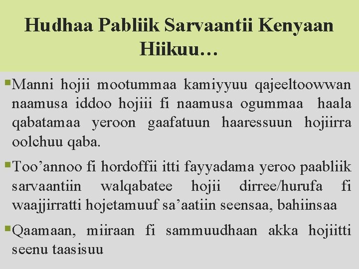 Hudhaa Pabliik Sarvaantii Kenyaan Hiikuu… §Manni hojii mootummaa kamiyyuu qajeeltoowwan naamusa iddoo hojiii fi
