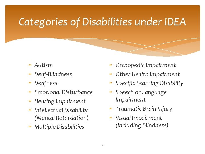 Categories of Disabilities under IDEA Autism Deaf-Blindness Deafness Emotional Disturbance Hearing Impairment Intellectual Disability