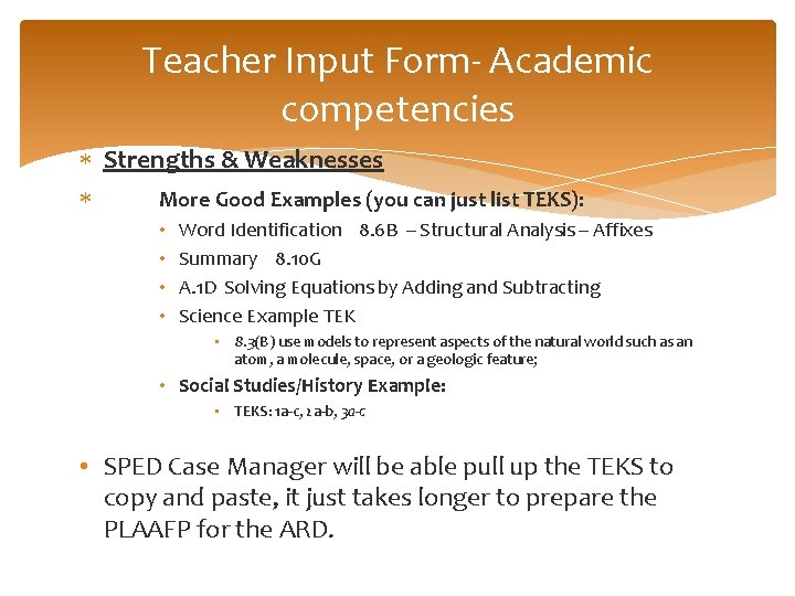 Teacher Input Form- Academic competencies Strengths & Weaknesses More Good Examples (you can just