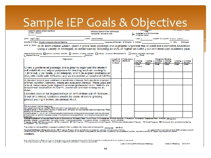Sample IEP Goals & Objectives 44 
