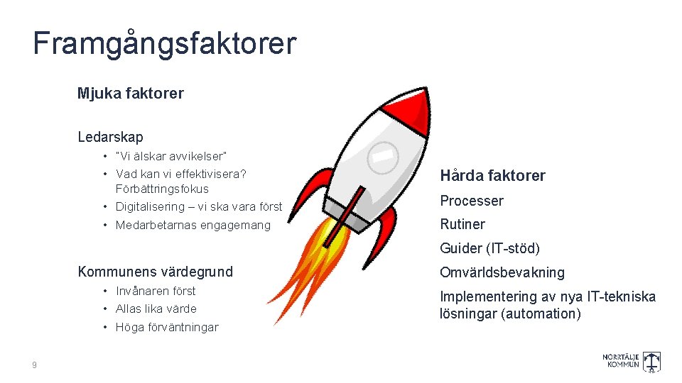 Framgångsfaktorer Mjuka faktorer Ledarskap • ”Vi älskar avvikelser” • Vad kan vi effektivisera? Förbättringsfokus