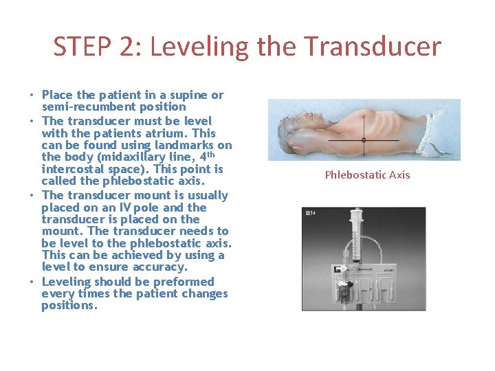 STEP 2: Leveling the Transducer • Place the patient in a supine or semi-recumbent