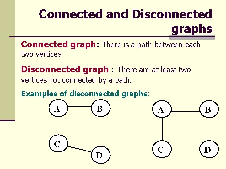Connected and Disconnected graphs Connected graph: There is a path between each two vertices