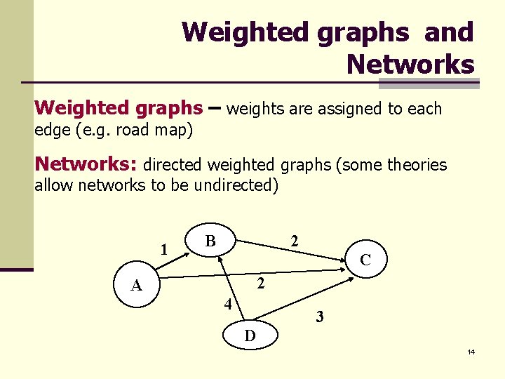 Weighted graphs and Networks Weighted graphs – weights are assigned to each edge (e.