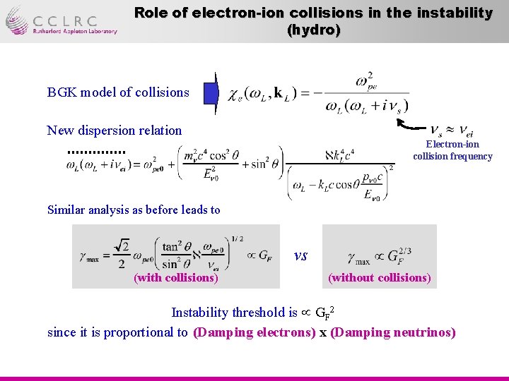 Role of electron-ion collisions in the instability (hydro) BGK model of collisions New dispersion