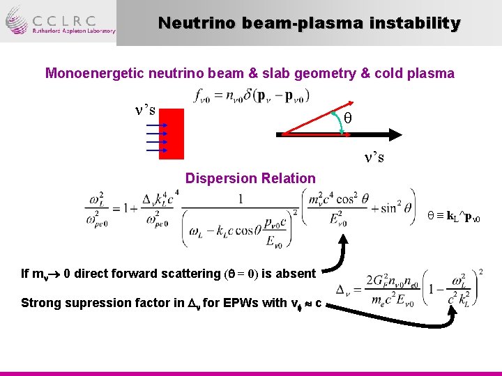 Neutrino beam-plasma instability Monoenergetic neutrino beam & slab geometry & cold plasma n’s Dispersion