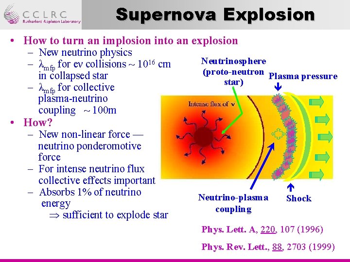 Supernova Explosion • How to turn an implosion into an explosion – New neutrino