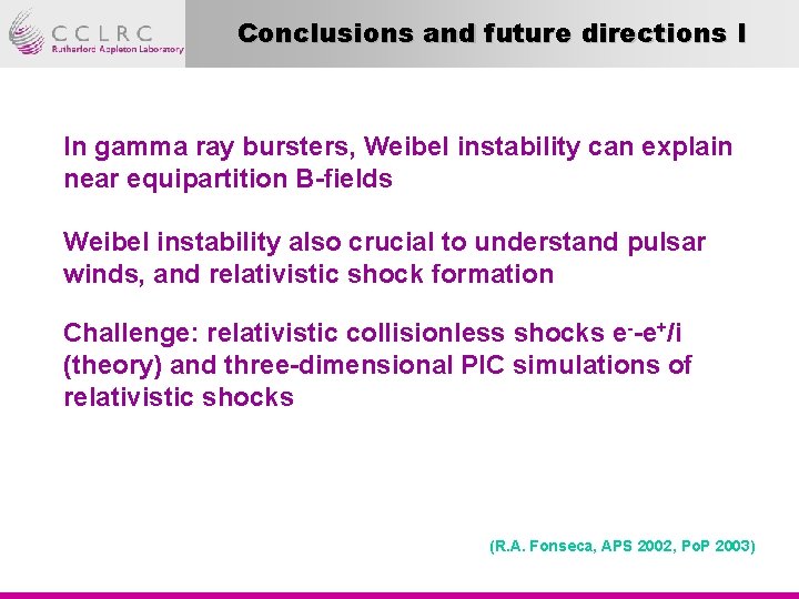 Conclusions and future directions I In gamma ray bursters, Weibel instability can explain near
