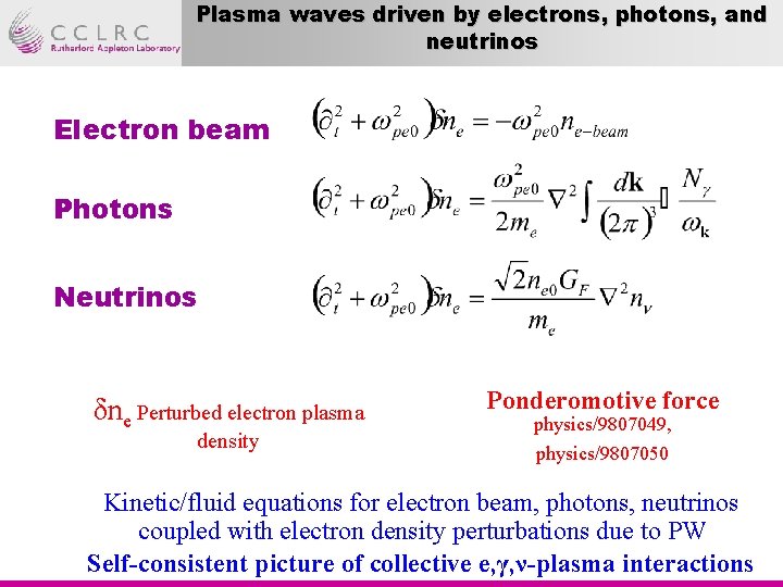 Plasma waves driven by electrons, photons, and neutrinos Electron beam Photons Neutrinos δne Perturbed