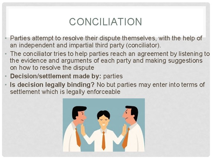 CONCILIATION • Parties attempt to resolve their dispute themselves, with the help of an