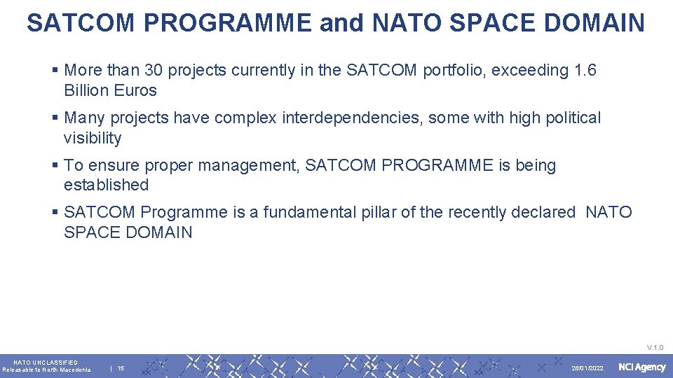 SATCOM PROGRAMME and NATO SPACE DOMAIN § More than 30 projects currently in the