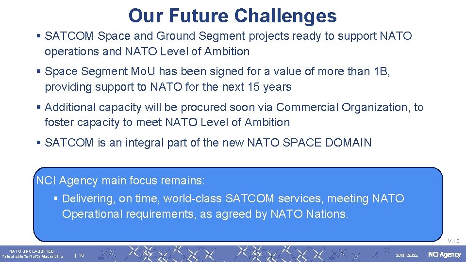 Our Future Challenges § SATCOM Space and Ground Segment projects ready to support NATO