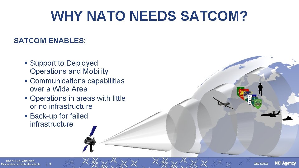 WHY NATO NEEDS SATCOM? SATCOM ENABLES: § Support to Deployed Operations and Mobility §