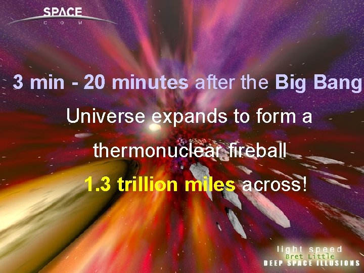 Big Bang Timeline 33 min 20 minutesafterthe Big Bang min - 20 Universe expands