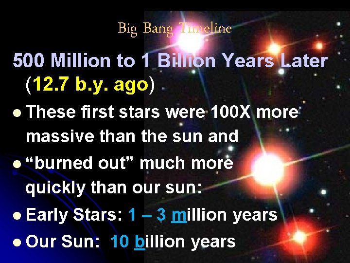Big Bang Timeline 500 Million to 1 Billion Years Later (12. 7 b. y.