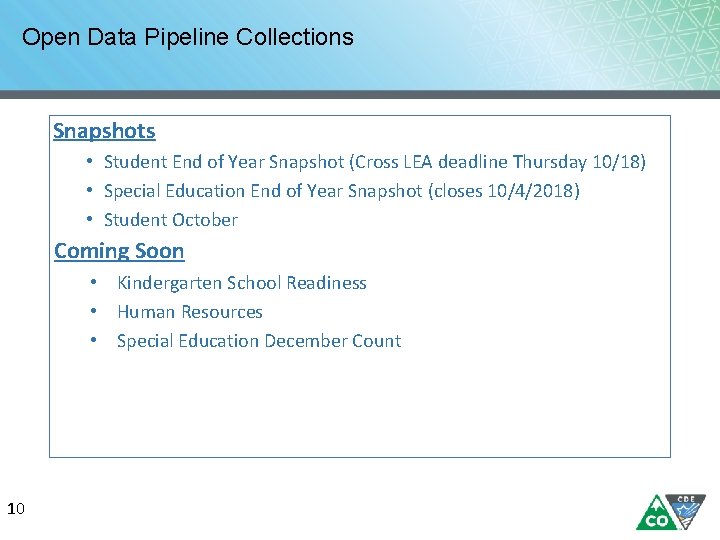 Open Data Pipeline Collections Snapshots • Student End of Year Snapshot (Cross LEA deadline