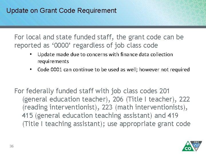 Update on Grant Code Requirement For local and state funded staff, the grant code