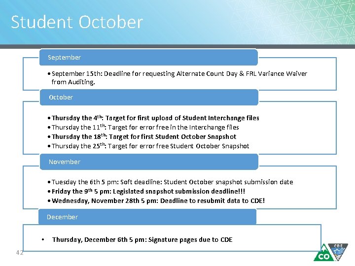 Student October September • September 15 th: Deadline for requesting Alternate Count Day &