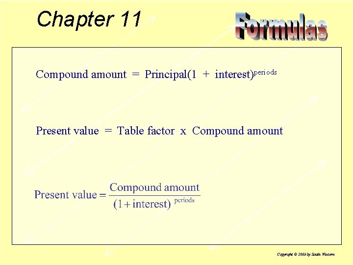 Chapter 11 Compound amount = Principal(1 + interest)periods Present value = Table factor x